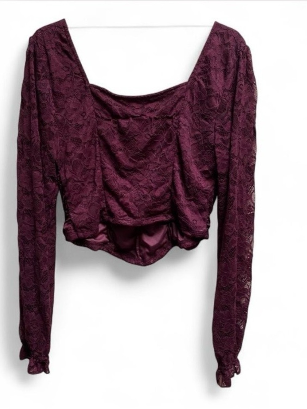 Hot Topic Women's Plum Lace Ruched Long-Sleeve Crop Top - Picture 5 of 7